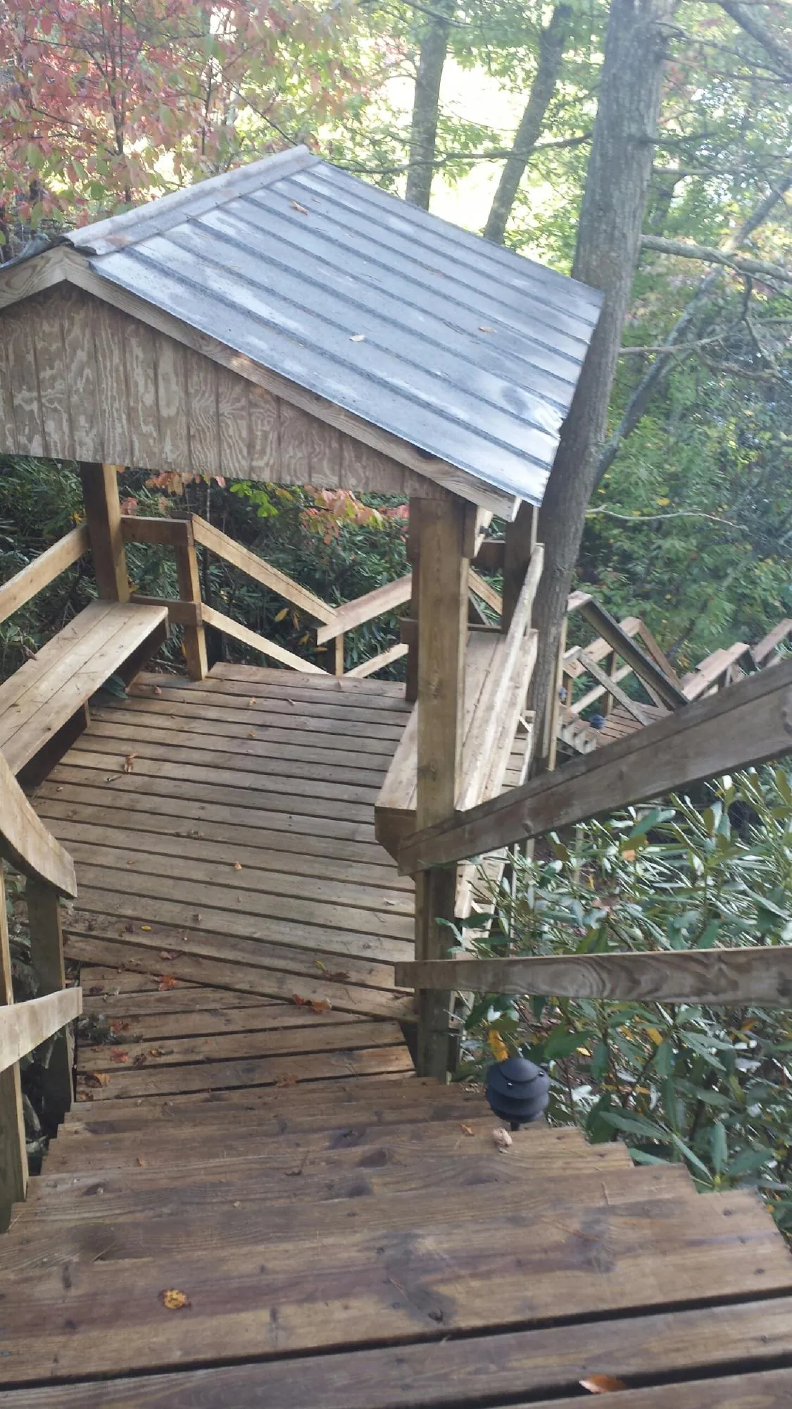 Metal roofed shelter over wooden steps on a wooded walkway — Skylight Repair & Installation work by our crew in Corrales